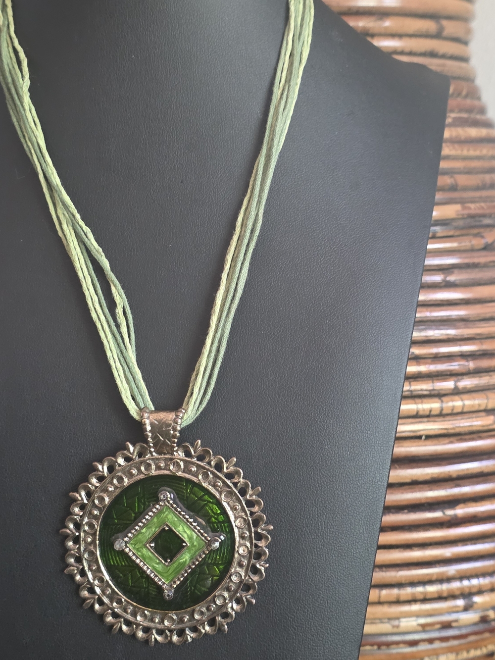 Green Glass Pendant Necklace with Ornate Metal Frame - Picture 10 of 10